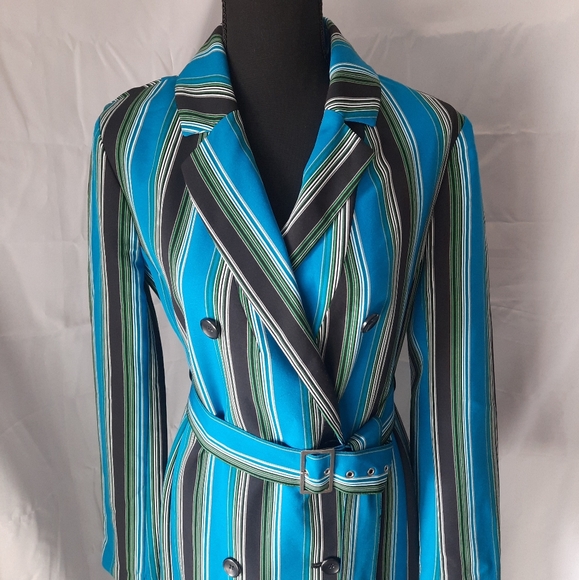 I N C Striped Trench Coat Womens Sz Small Blue Black Belted Buttons - Picture 3 of 12